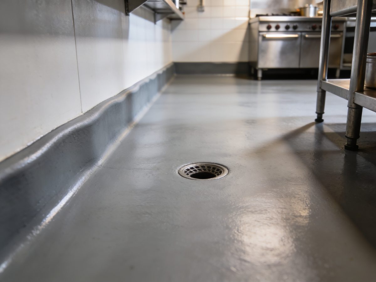 A commercial kitchen floor in seamless urethane cement with a coved base and a floor drain