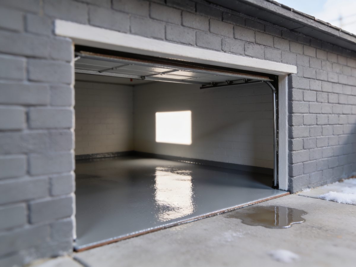 A single-bay garage with a pewter full-flake floor coating in a high satin finish reflecting the open overhead door