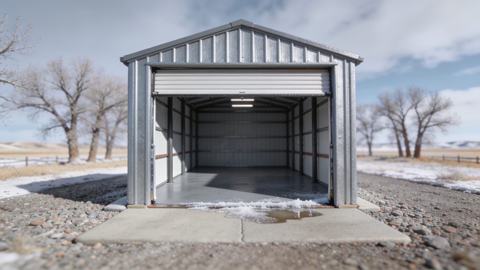 A steel pole-barn shop with the sliding door open on a cold day, frost and meltwater at the threshold where the concrete apron meets a gravel drive