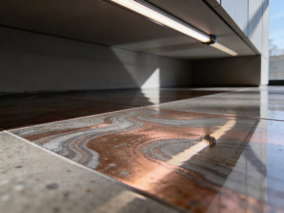 A metallic epoxy floor in copper and pewter pigments under a high-gloss topcoat