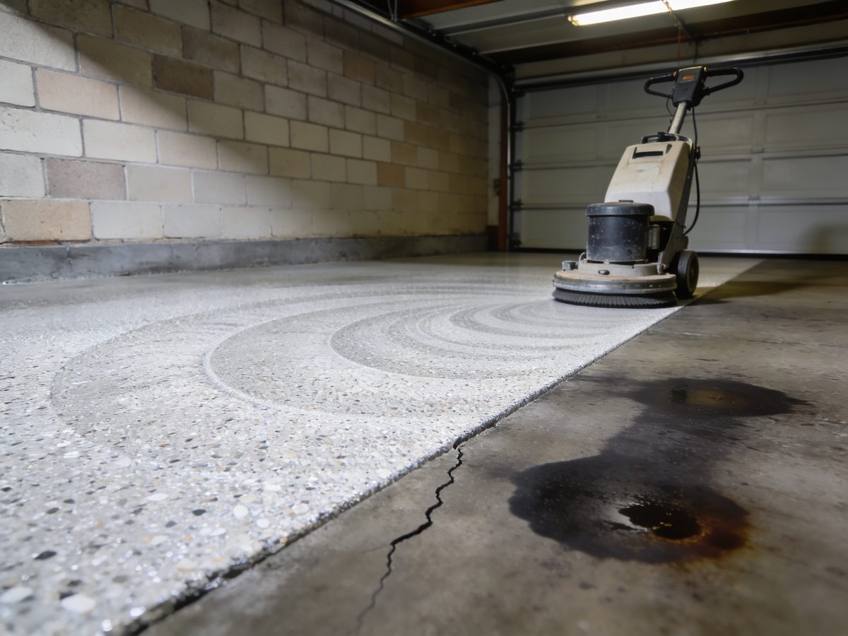 A garage slab part way through diamond grinding, freshly ground concrete meeting old stained and cracked concrete